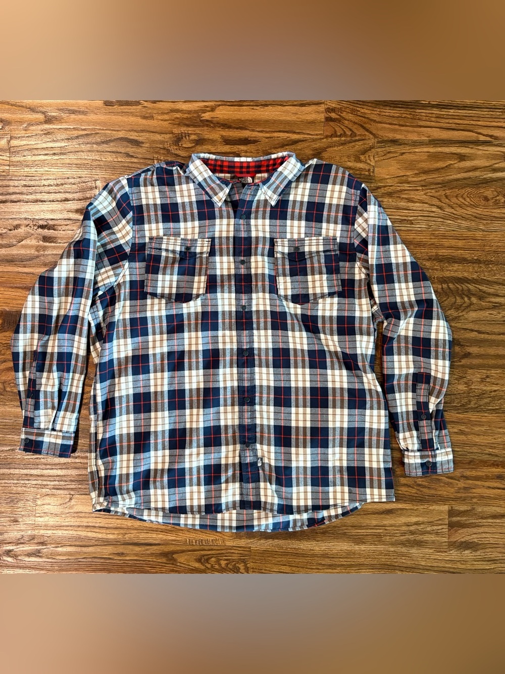 North Face Mens Shirt Navy Button Up Plaid Flannel Trucker Outdoor size XXL, 2XL